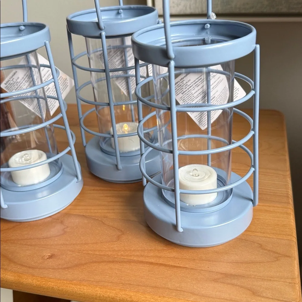 NWT Set of 3 Target Bullseye Playground Nautical Metal Coastal Blue Lanterns